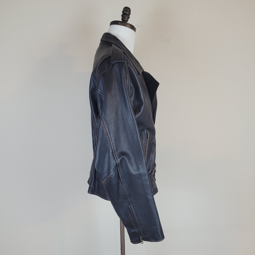 Badge Leather Jacket Mens Large Black Distressed Belted Moto Biker Asymmetrical - Picture 3 of 14